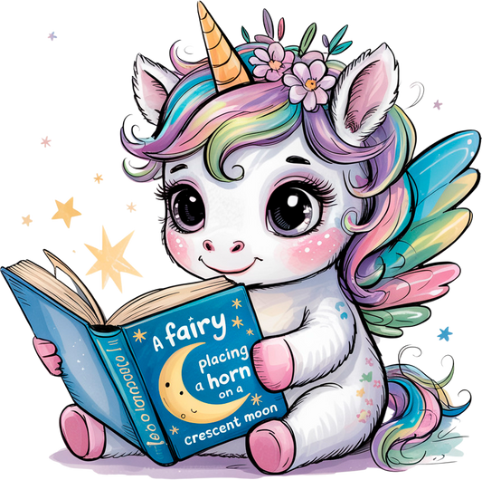 Magisches Einhorn mit Buch – Bügelbild für Träumer:innen