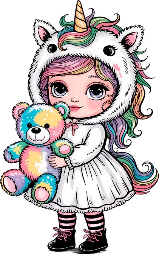Einhornmädchen & Regenbogenteddy“ – Bügelbild voller Fantasie