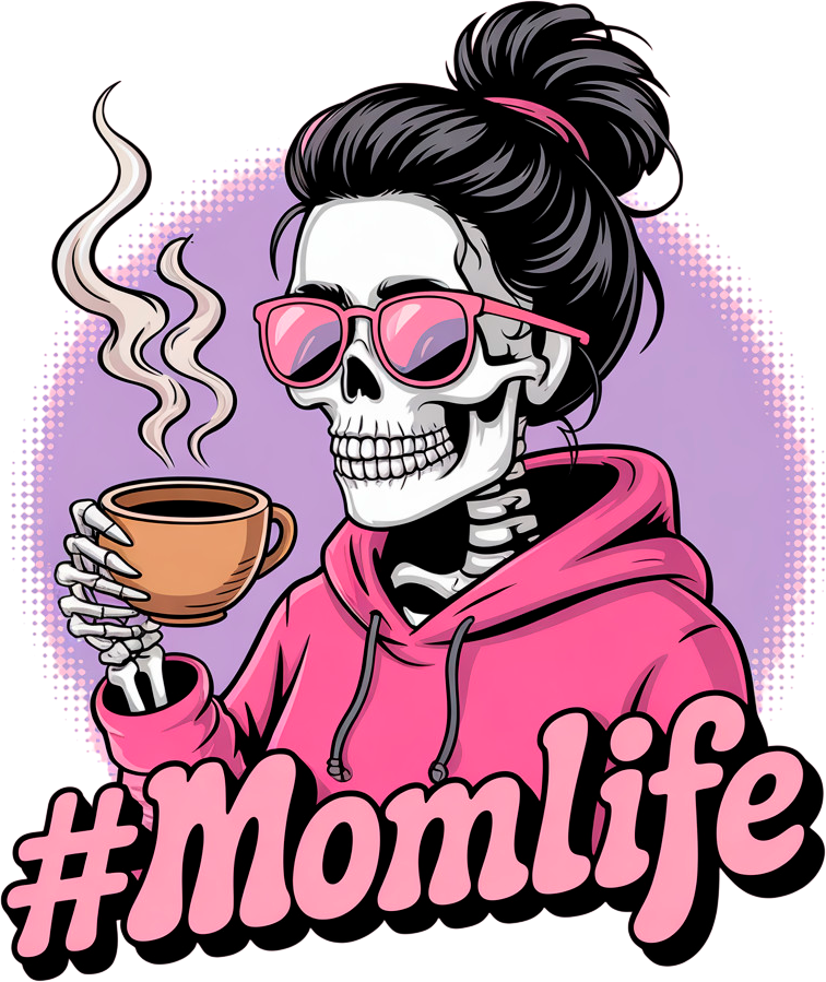 Skelett-Mama mit Koffein – Das echte #Momlife Bügelbild